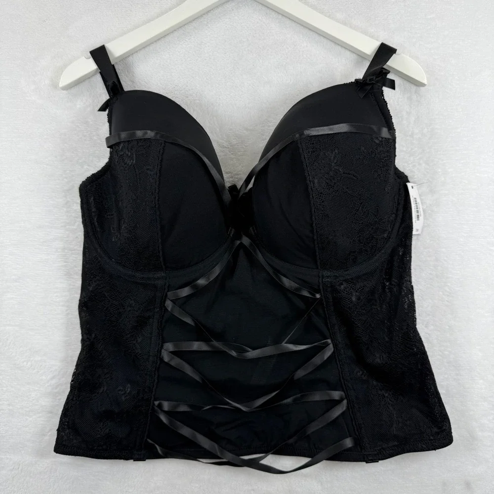 Adore Me Black‎ Floral Lace Bustier Corset Top Underwire Sweetheart 38I NEW